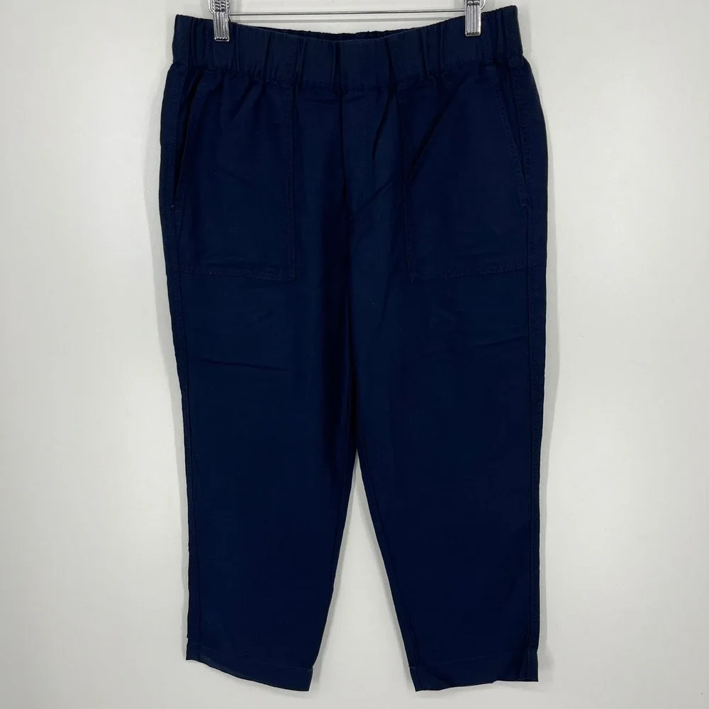 Banana Republic Women Navy Blue Tapered Crop Pant Elastic Waist Lyocell Linen M